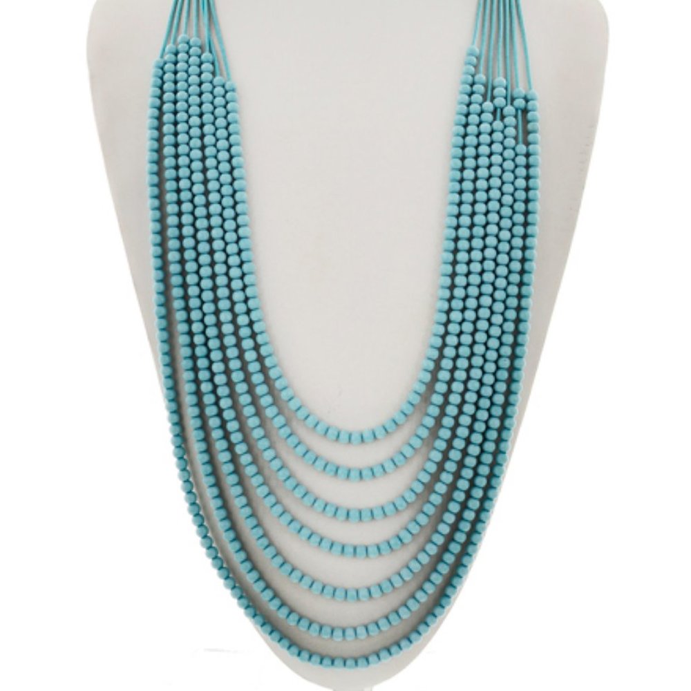 BLUE MULTI ROW LONG BEADED NECKLACE
